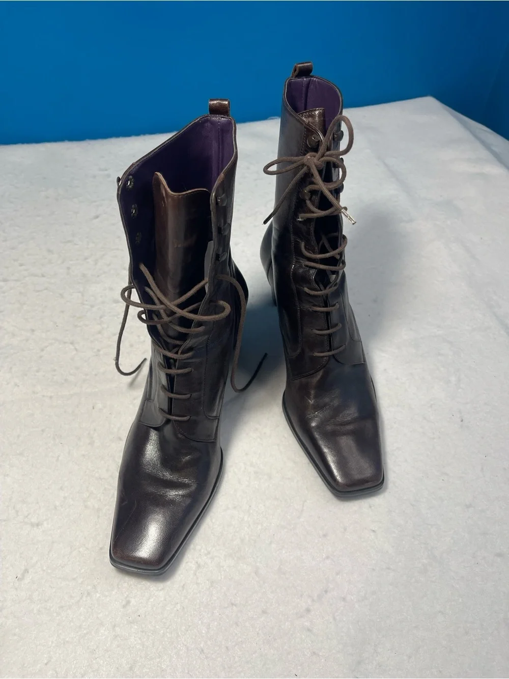 Etienne Aigner Brown Leather Lace-Up Ankle Boots Square Toe Block Heel Size 9W